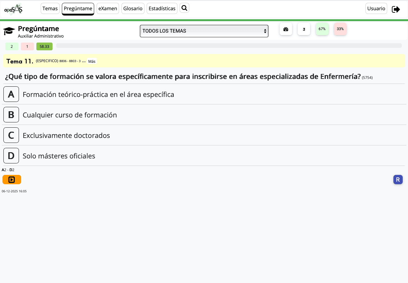 Pantalla de preguntas tipo examen de OposAs