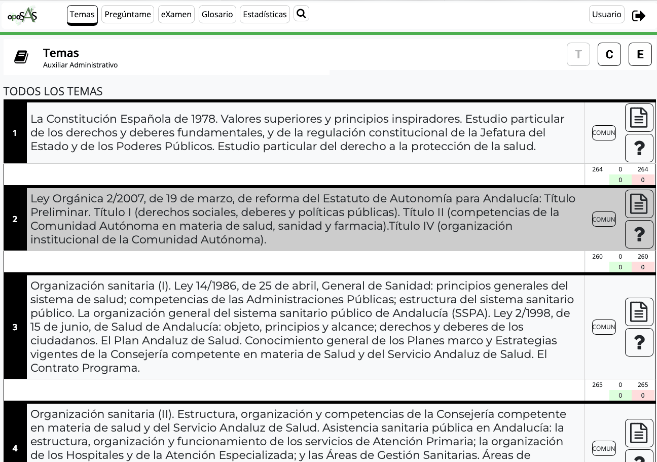Vista de temario por temas en OposAs